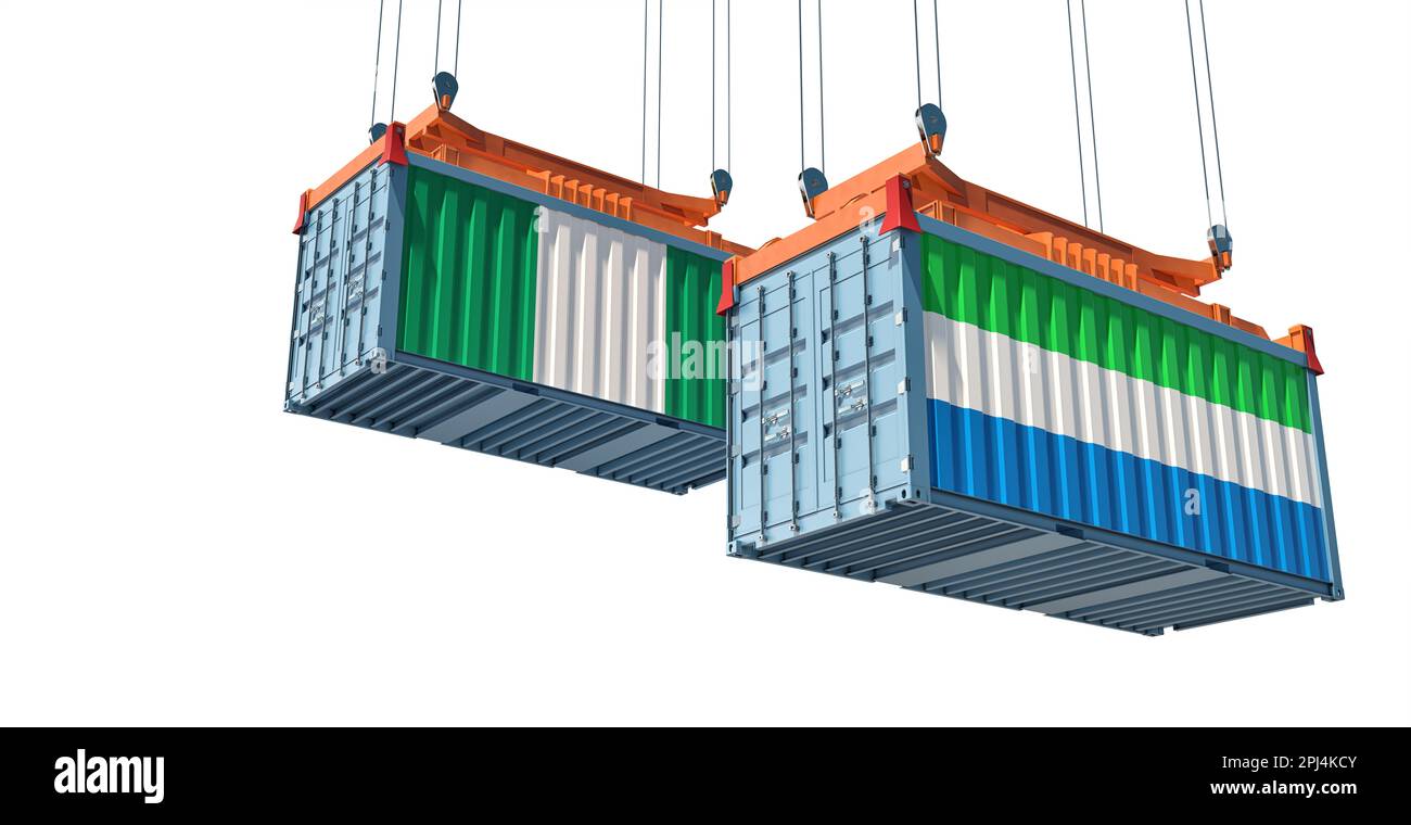 Shipping containers with Sierra Leone and Nigeria national flags. 3D