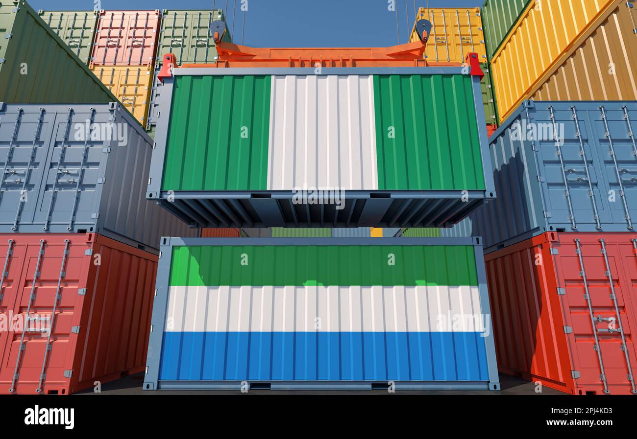 Shipping containers with Sierra Leone and Nigeria national flags. 3D
