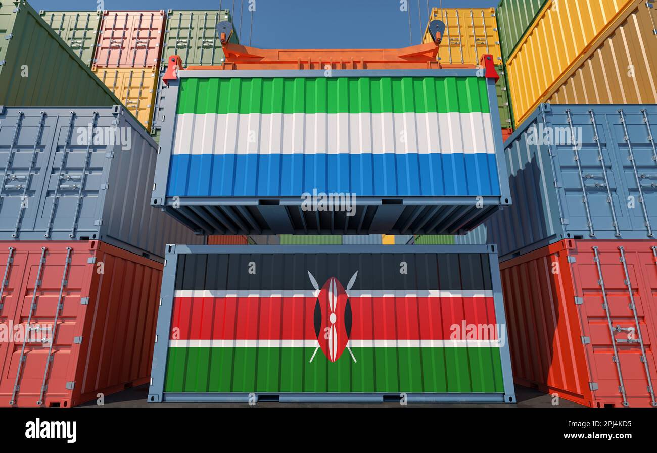Shipping containers with Sierra Leone and Kenya national flags. 3D