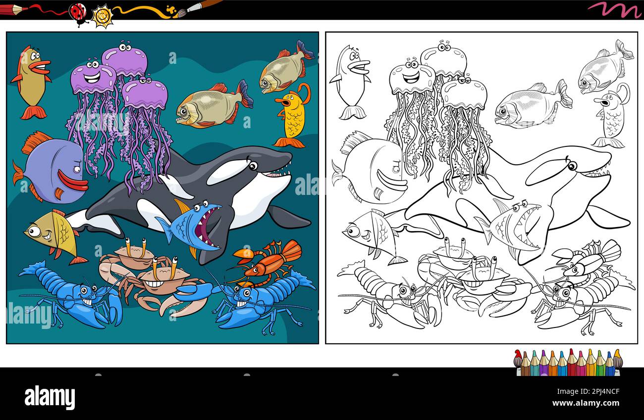 Cartoon illustration of sea life animal characters group coloring page ...