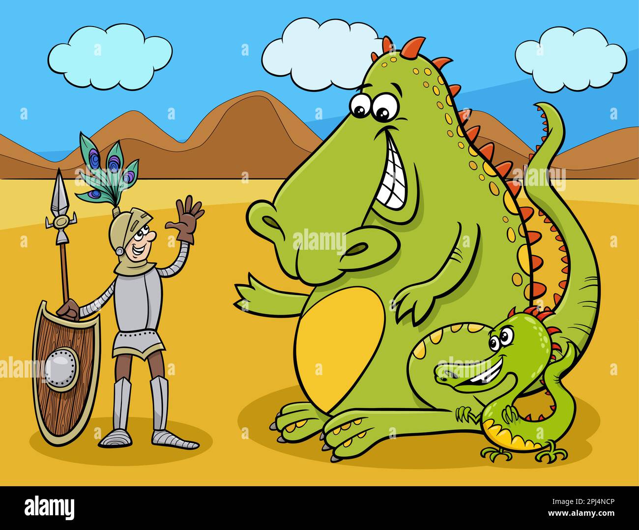 Cartoon humorous fantasy illustration of dragons and knight having a friendly talk Stock Vector