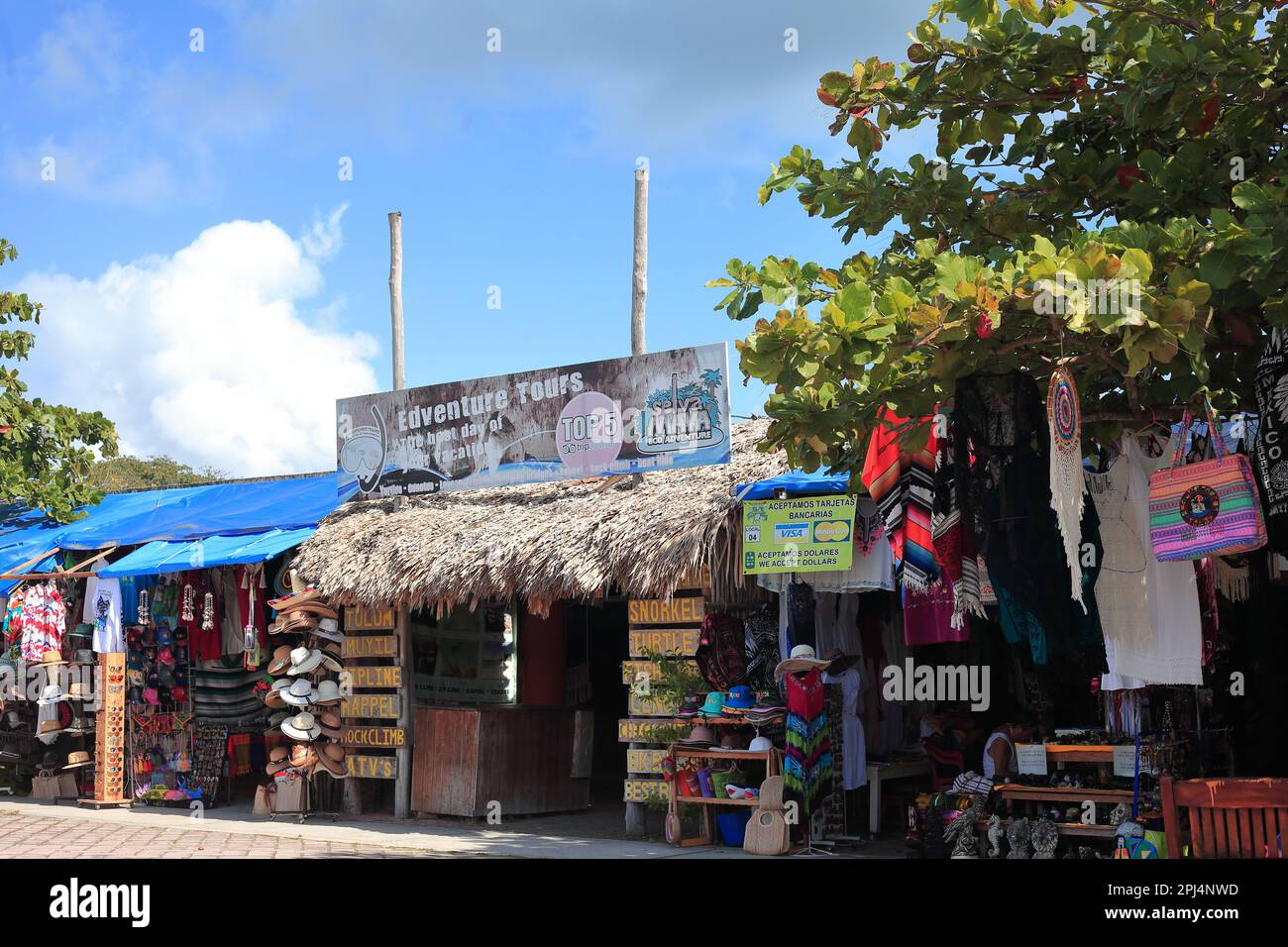Shops at the entrance of Tulum Archaeological Zone, Tulum, Mexico Stock
