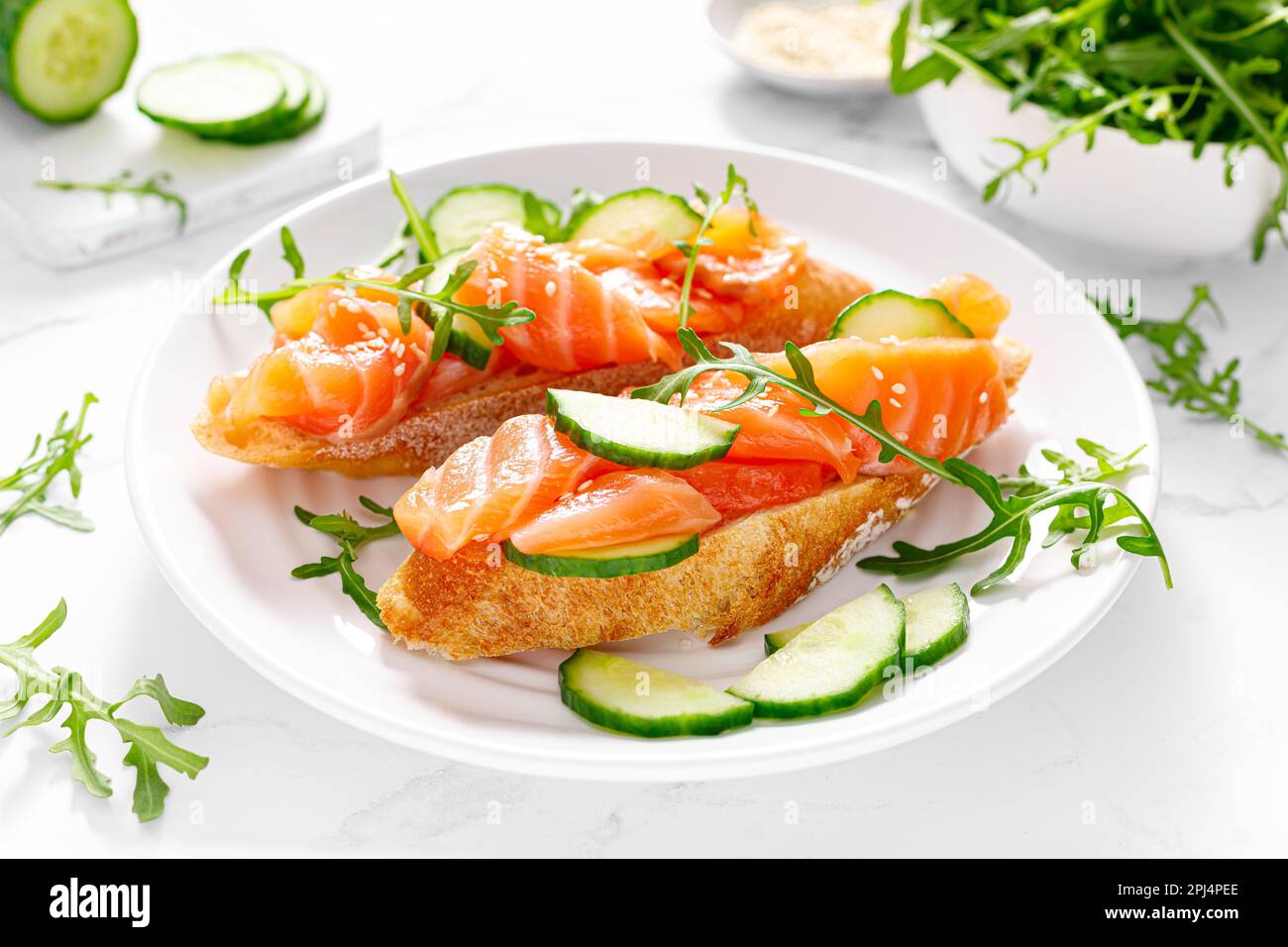 Sandwiches with salted salmon. Healthy food, breakfast Stock Photo