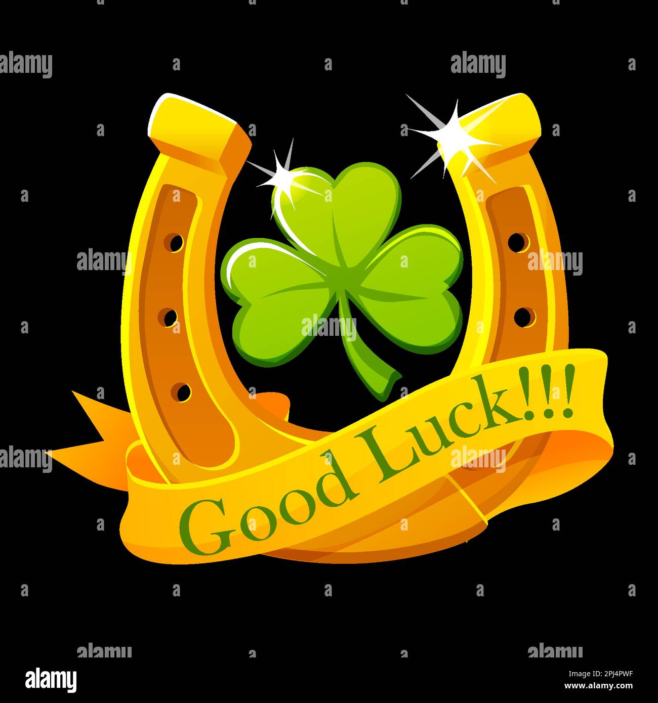 Green clover, Golden Horseshoe and ribbon. Good luck symbol Stock