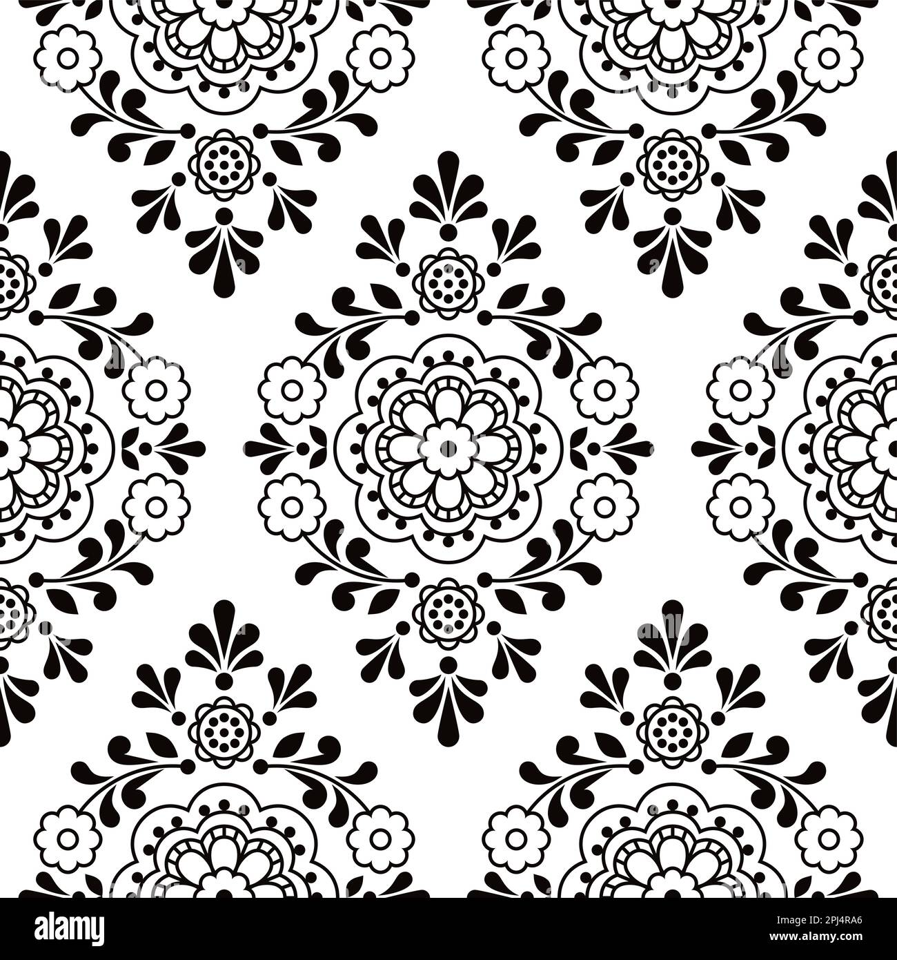 Floral folk outline vector seamless pattern with flowers, ornamental ...