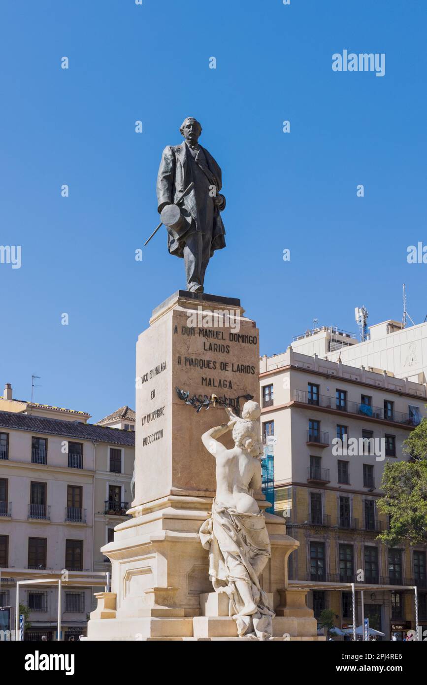 Statue of Spanish aristocrat, senator and businessman Manuel Domingo Larios y Larios, 2nd Marques de Larios, 1836 - 1898.   The statue is the work of Stock Photo
