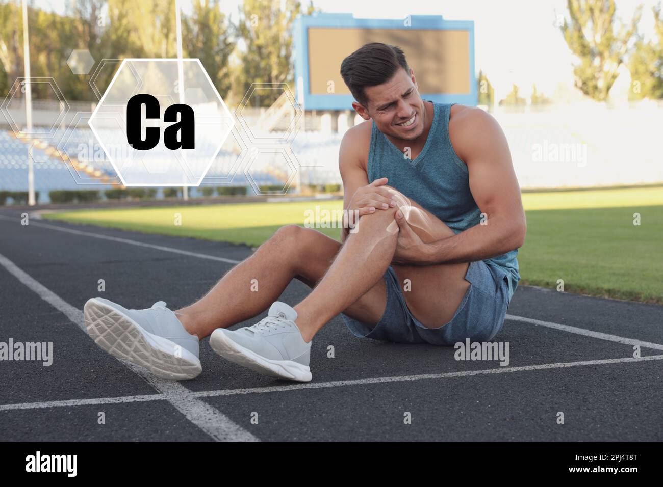 Role of calcium for human. Man suffering from pain in knee at stadium