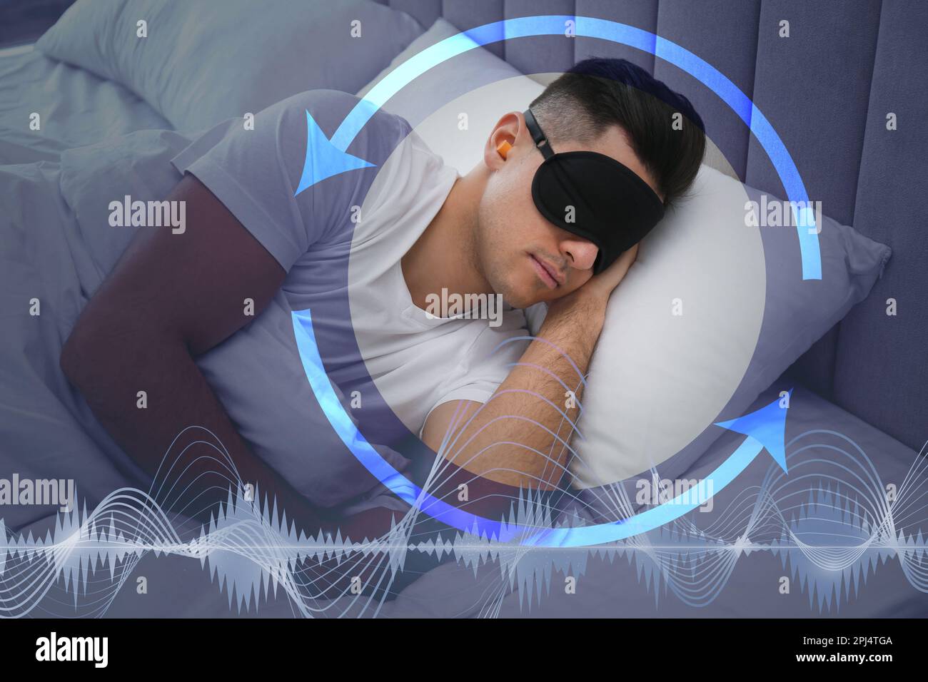 Man with foam ear plugs and mask sleeping in bed. Tips for manage sleep