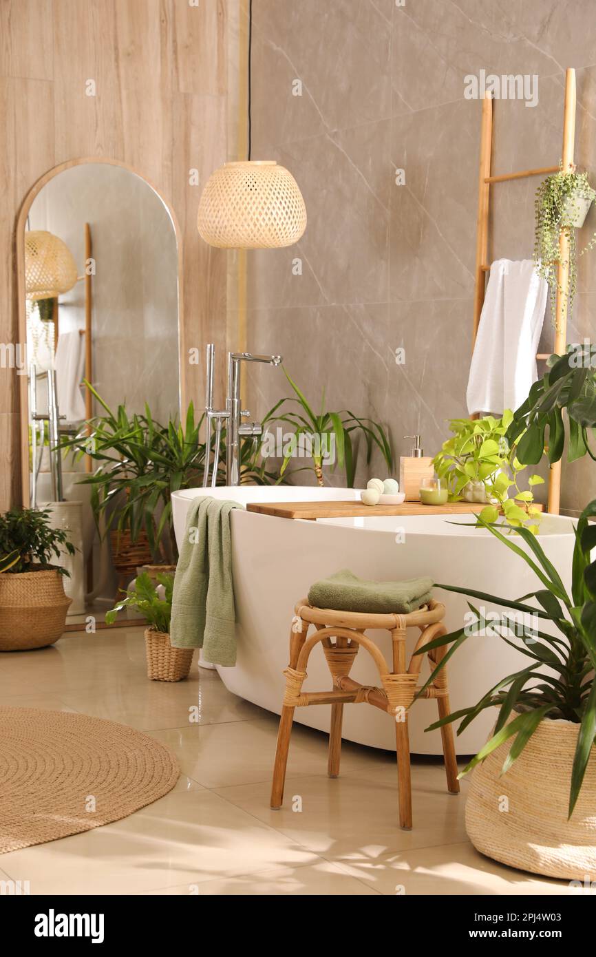 Modern white tub and beautiful green houseplants in bathroom. Interior ...