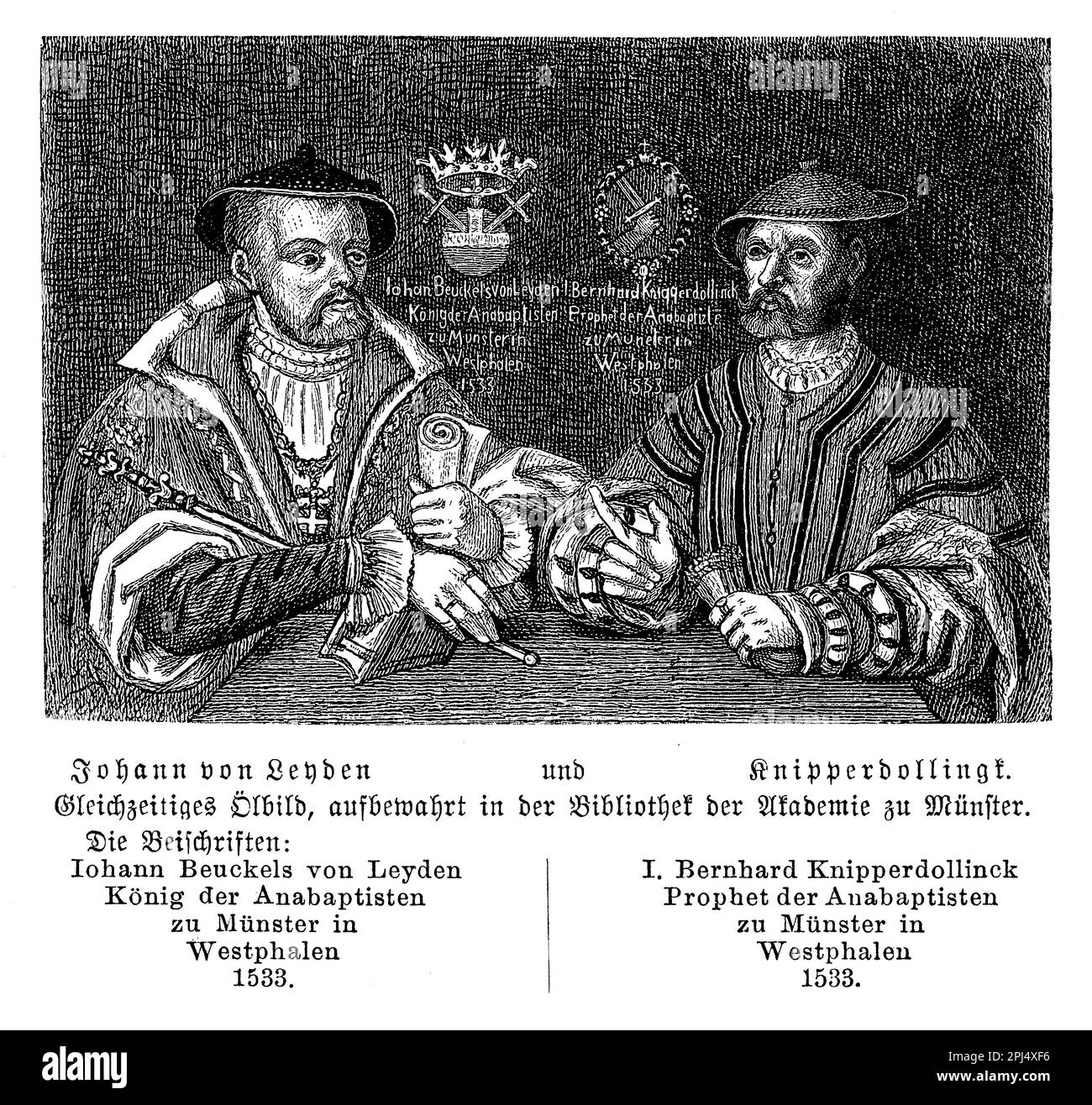 Johann von Leyden and Knipperdolling were leaders of a radical Anabaptist movement in Muenster, Germany during the 16th century. They established a theocratic state, but were eventually defeated and executed by the prince-bishop's forces. Stock Photo