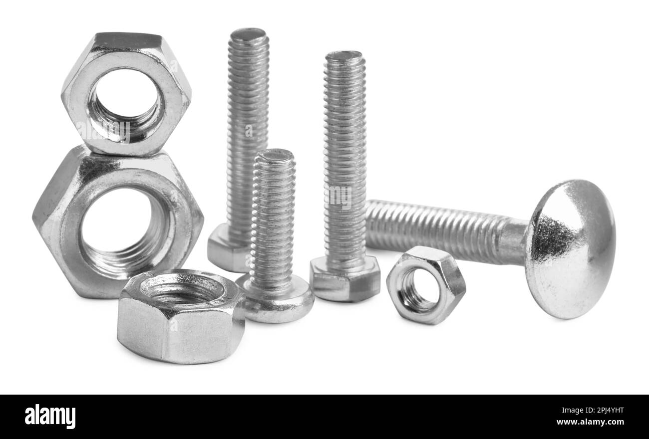Different metal bolts and nuts on white background Stock Photo Alamy