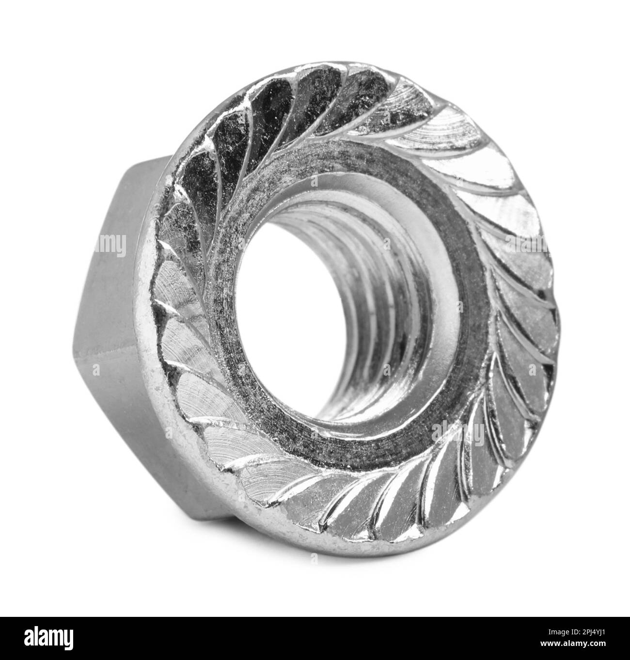 One metal flange nut on white background Stock Photo Alamy