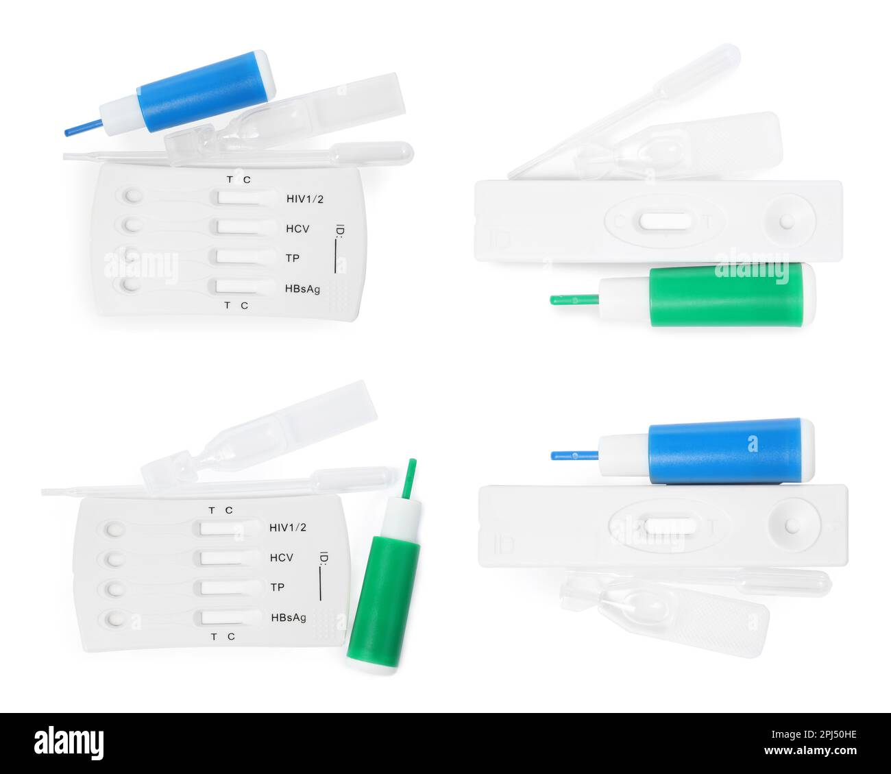 Set with disposable express test kits for hepatitis on white background