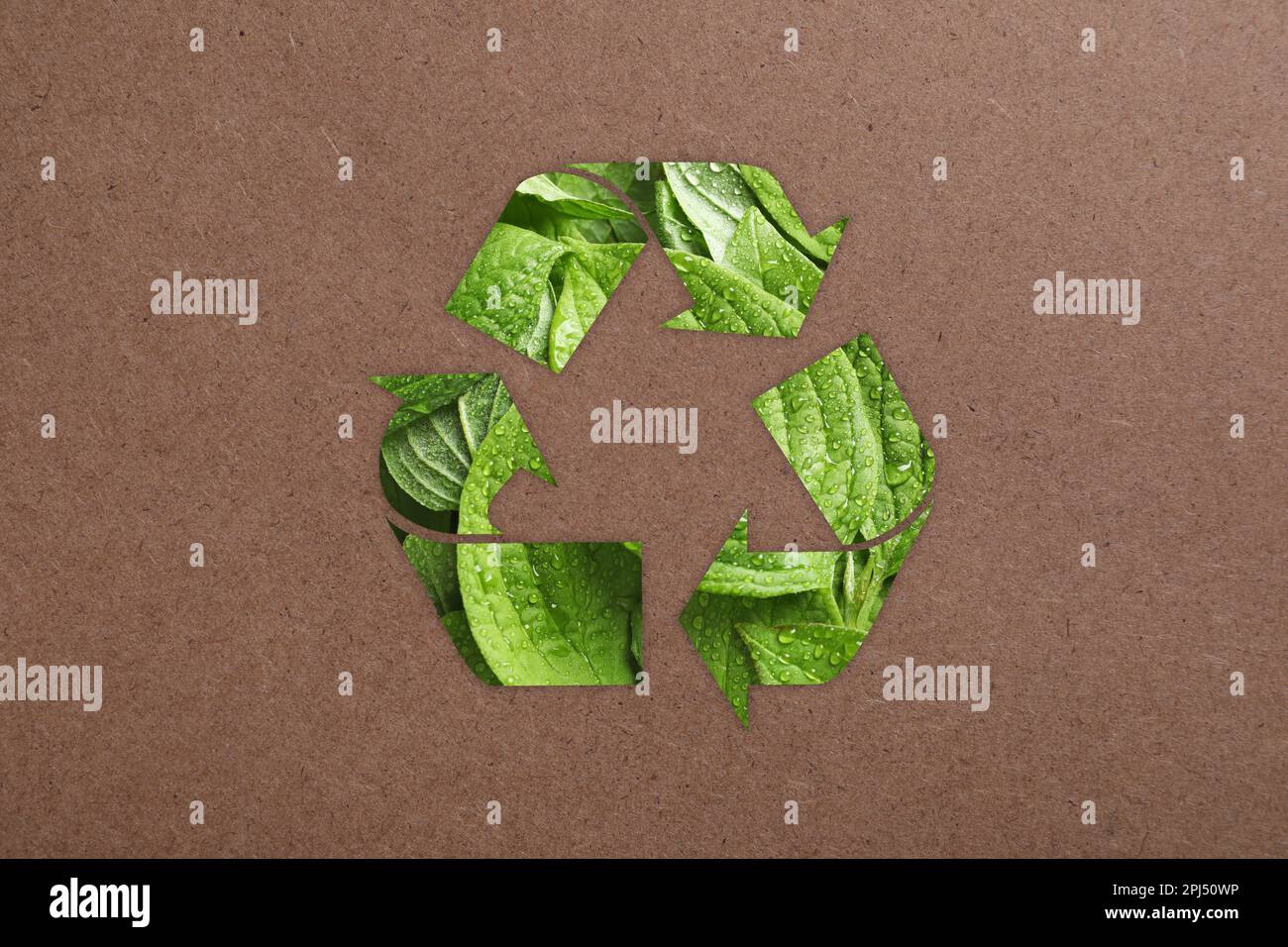 Recycling symbol made of green leaves on kraft paper Stock Photo - Alamy