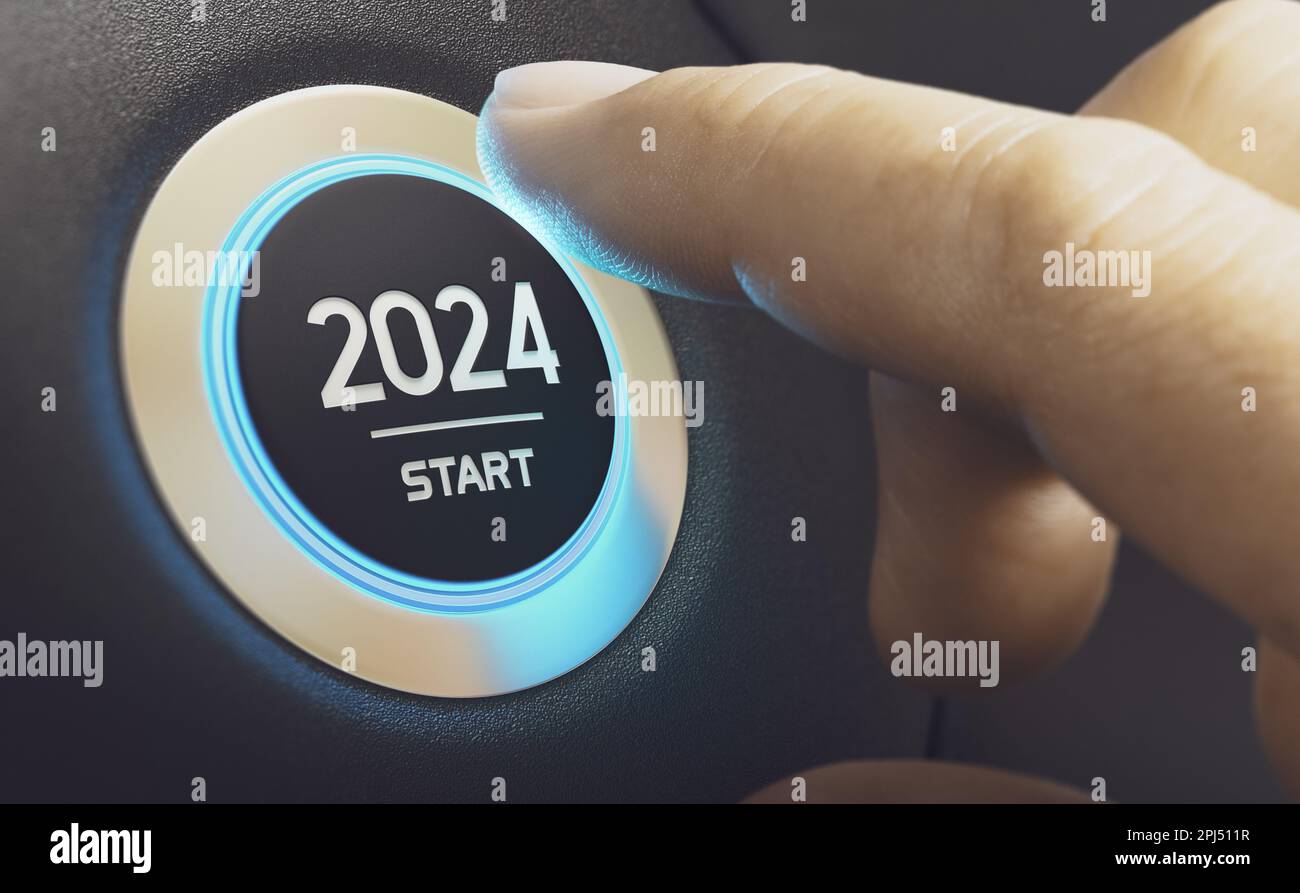 Finger pressing a car ignition button with the text 2024 start. Year two thousand and twenty four concept. Composite image between a hand photography Stock Photo