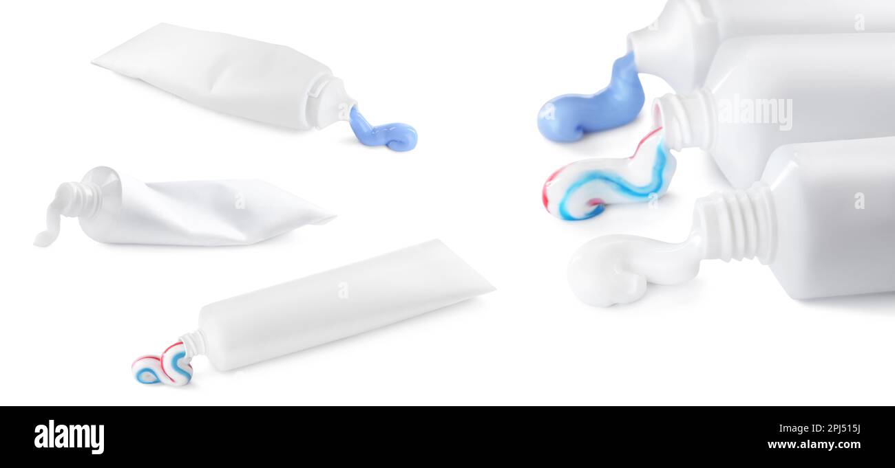 Collage with different toothpastes on white background. Banner design ...