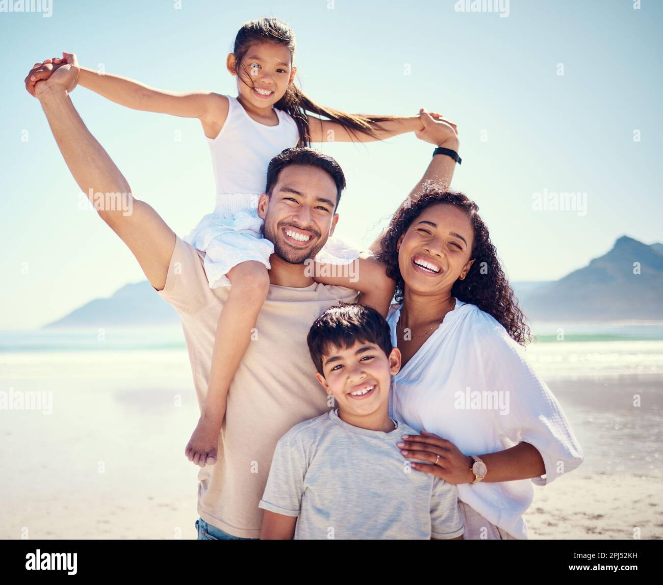 Beach, family and portrait of parents with kids, smile and happy