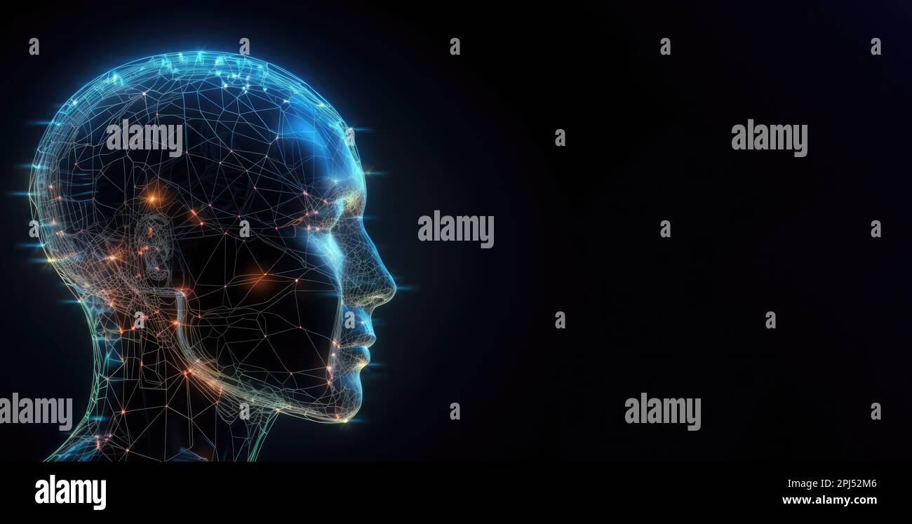 Panoramic image representing artificial intelligence and new technologies, with ample copy space on a black background Stock Photo