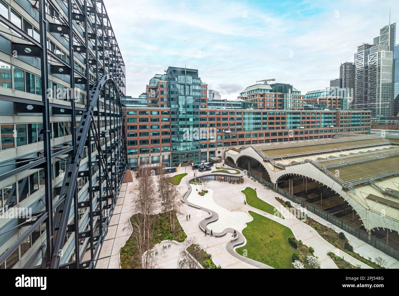 Broadgate Exchange Square and Liverpool St Station seen from above, London, EC2. Stock Photo