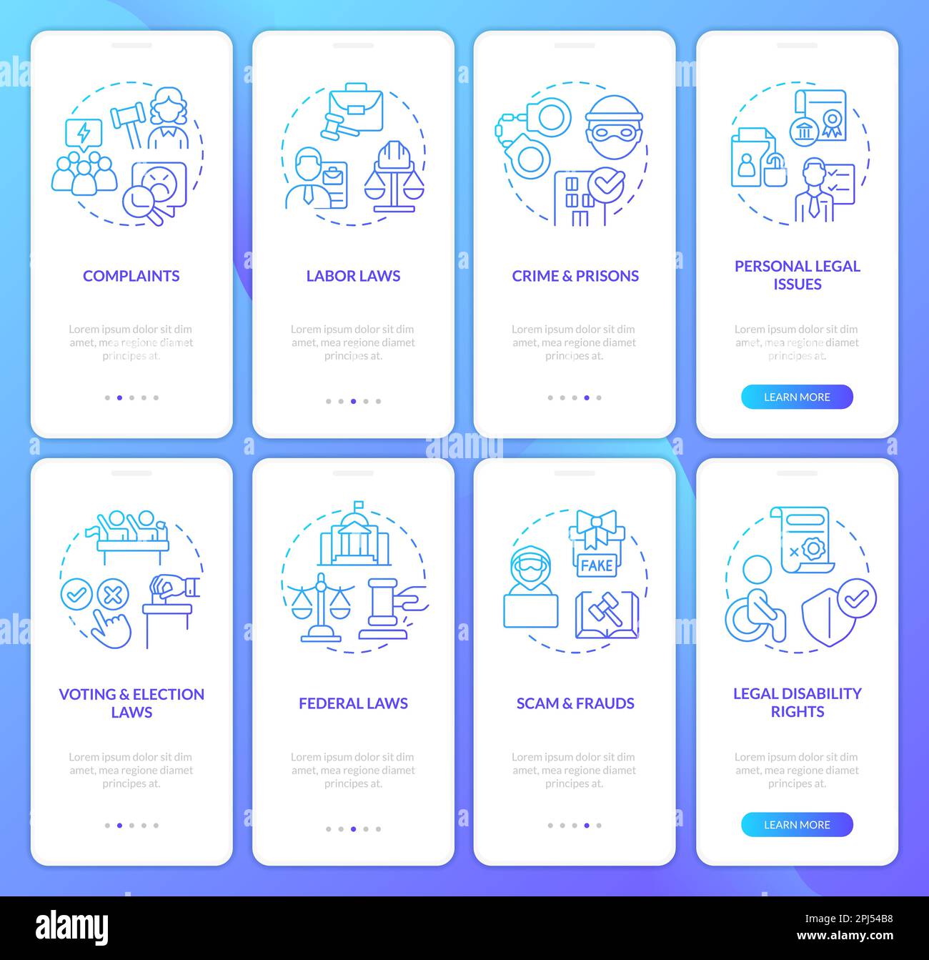 Legal cases blue gradient onboarding mobile app screen set Stock Vector