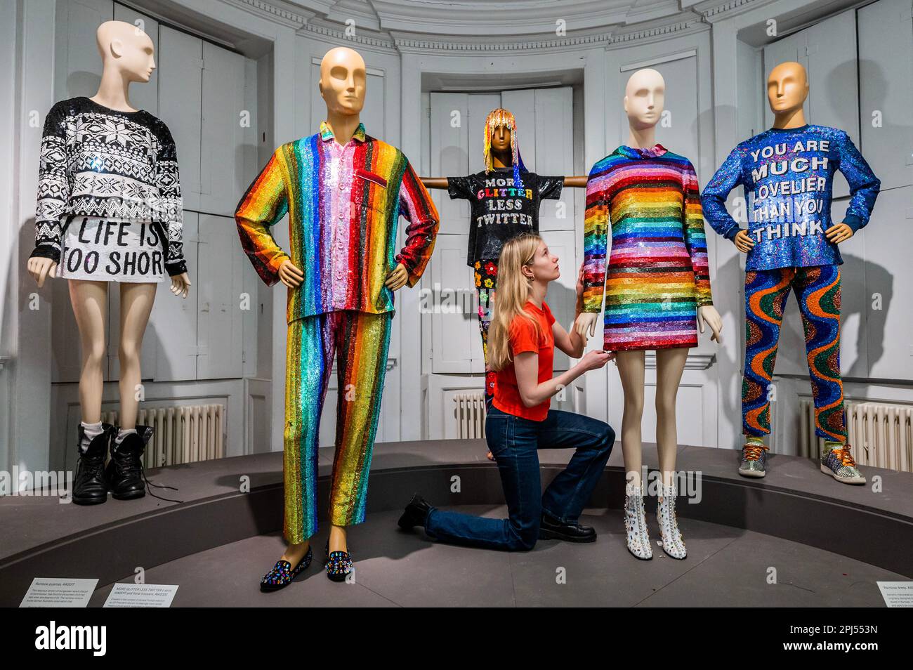 London, UK. 31st Mar, 2023. A glitter rainbow mini dress, worn by Taylor  Swift in her 'End Game' music video, and other outfits - The William Morris  Gallery unveils an exhibition of