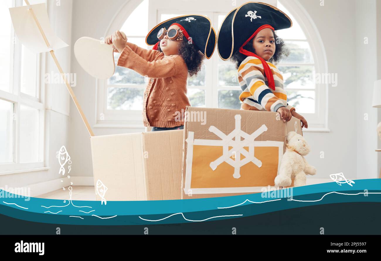 Sailing, box ship or pirate children role play, fantasy imagine or fun pretend in cardboard yacht container. Sea captain sailor, ocean boat game or Stock Photo