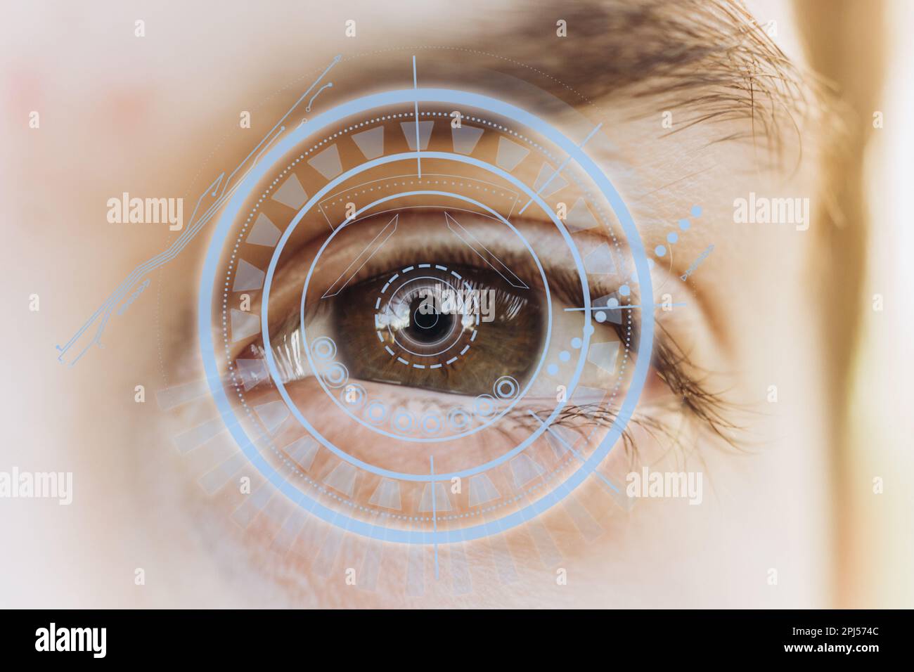 Eye with a futuristic vision of a person, control and protection of people, access control and security. Concept: DNA system, science and technology Stock Photo
