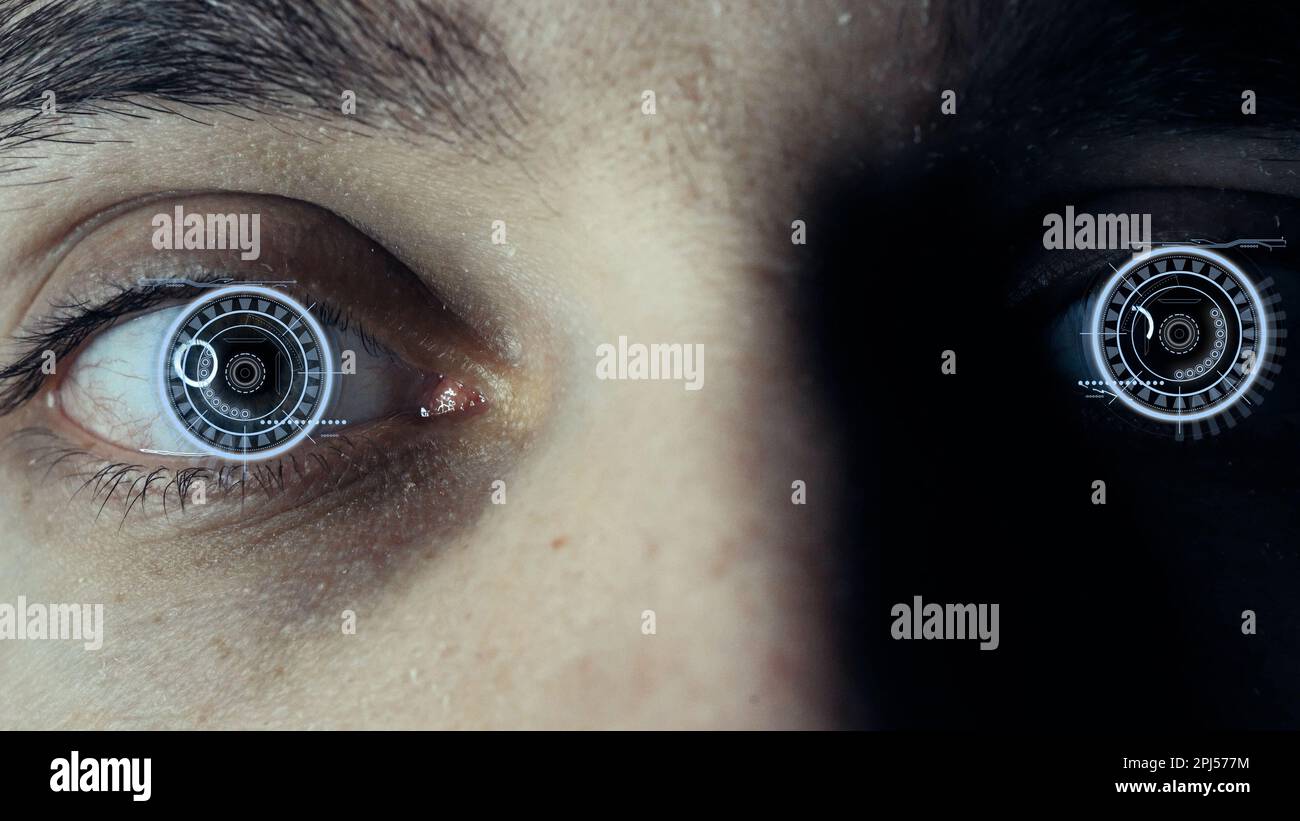 Close-up of a male eye with visual effects. The concept of a sensor ...