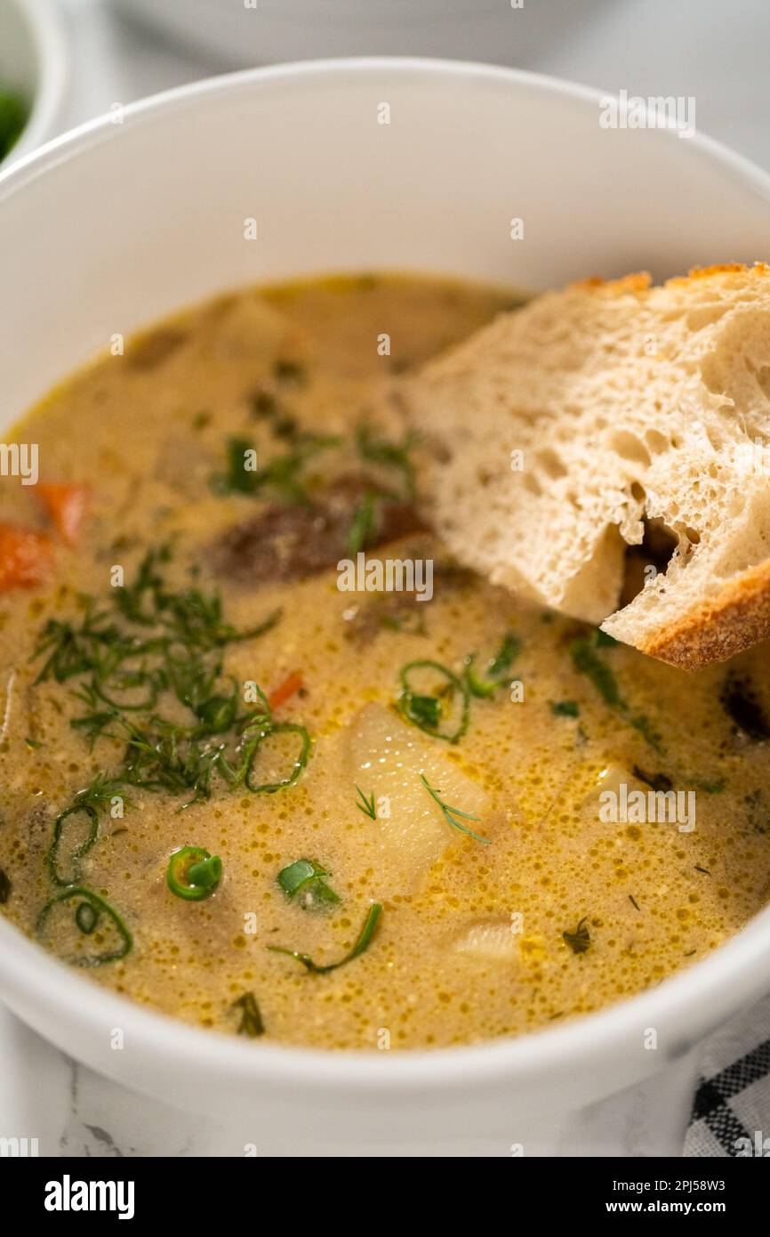 Creamy wild mushroom soup Stock Photo - Alamy