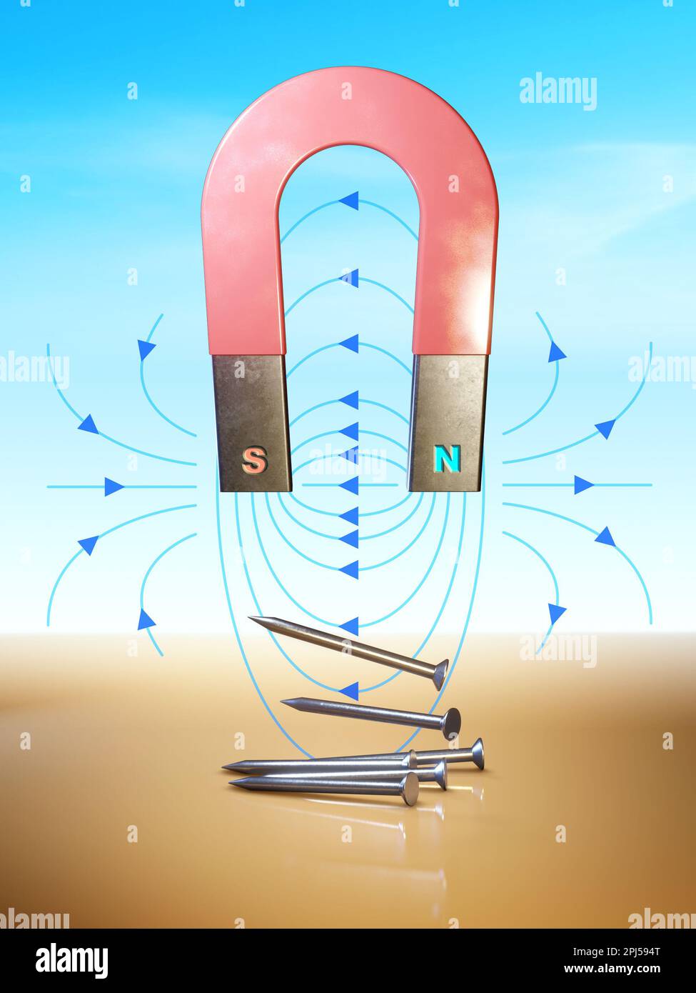 Magnetic field created by a horseshoe magnet, attracting some metal nails. Digital illustration, 3D render. Stock Photo