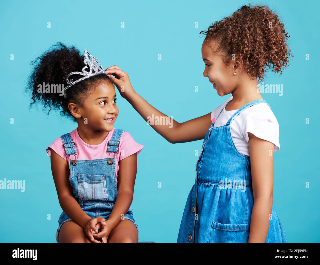 Princess crown, happy friends and children in studio with a fantasy