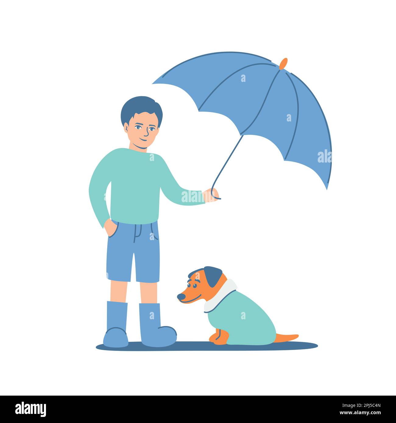Young boy in rubbers holding umbrella under dog in coat. Child protecting puppy from rain. Friendship and take care concept. Kids education. Flat vector illustration. Stock Vector