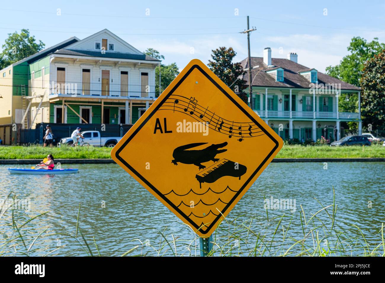 NEW ORLEANS, LA, USA - JUNE 13, 2020: Alligator with piano sign on Bayou St. John Stock Photo