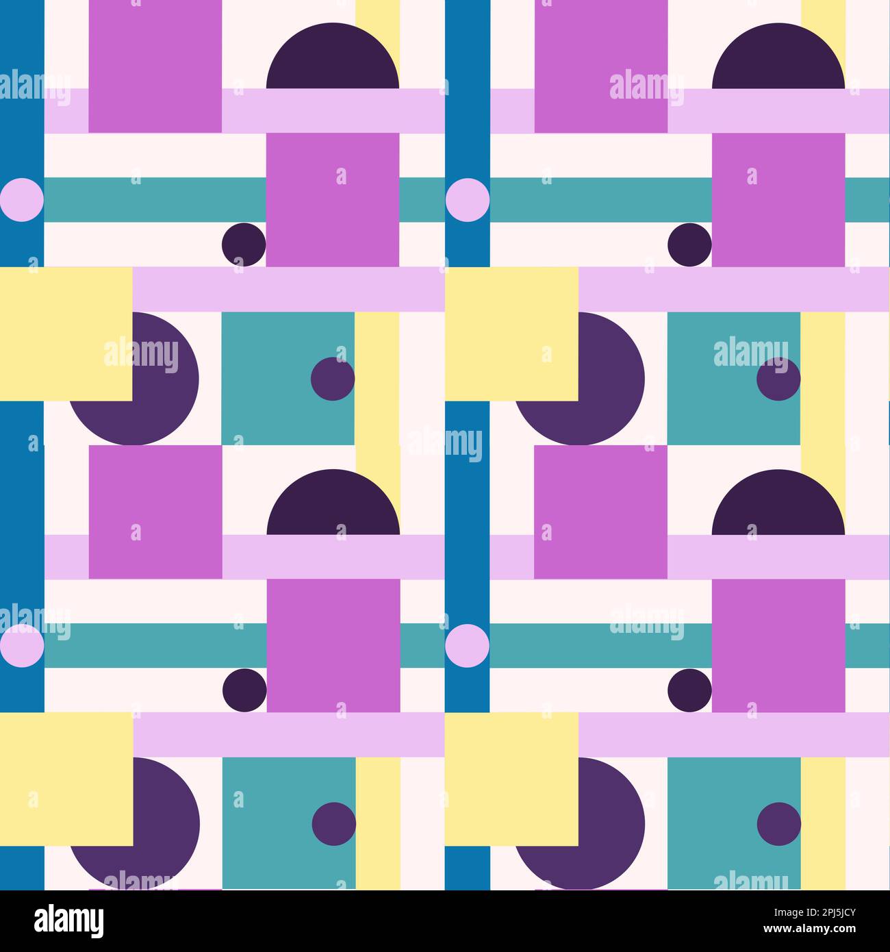 Hand drawn seamless pattern in abstract geometric style, purple blue turquoise yellow shapes squares lines circles. Mid century modern bauhaus print, 60s 70s poster wallpaper decor, colorful bright design in memphis ornament Stock Photo