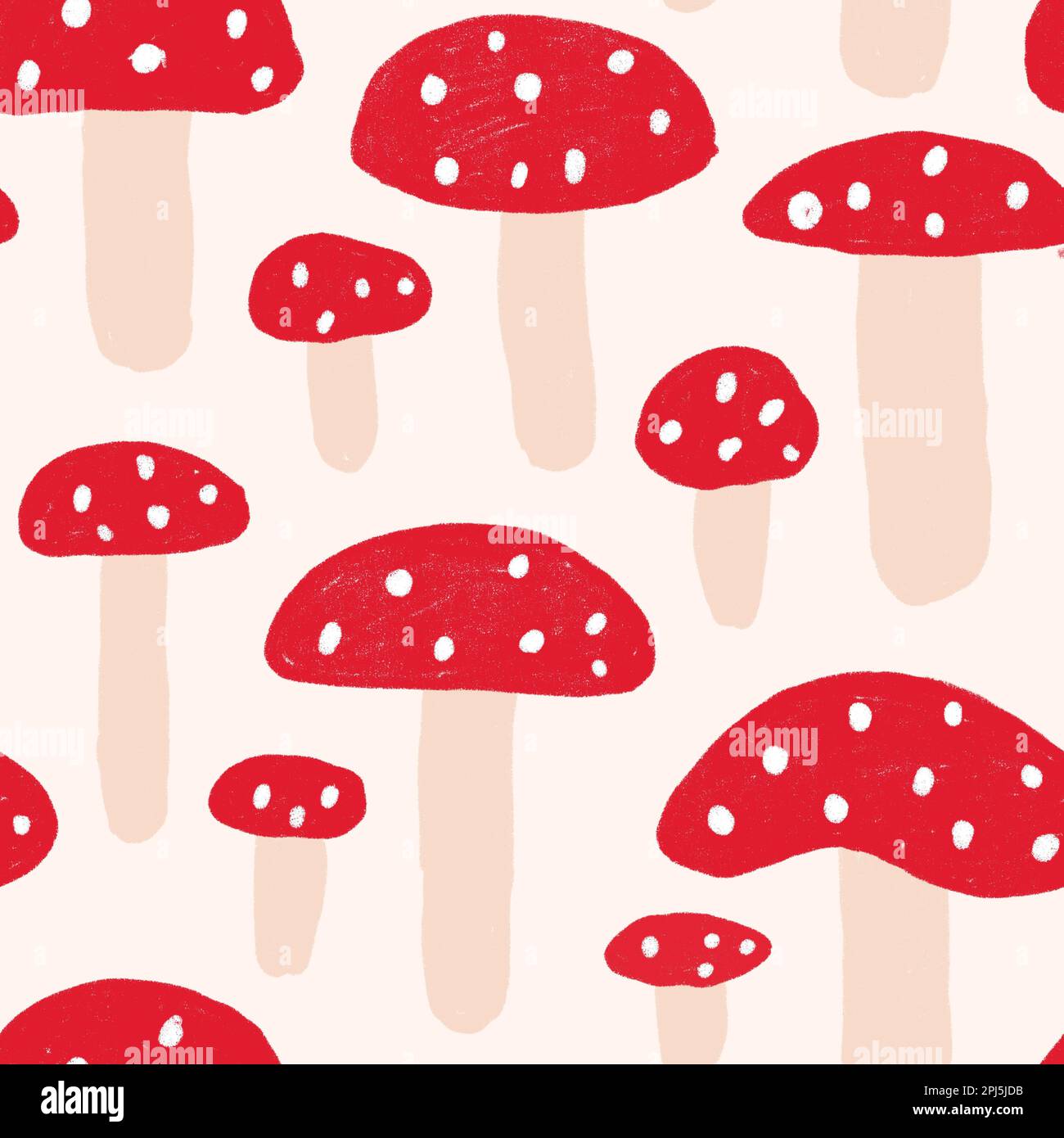 Watercolor hand drawn seamless pattern illustration of amanita muscaria mushrooms with red caps in forest wood woodland. Children funny cartoon style textile wallpaper Stock Photo
