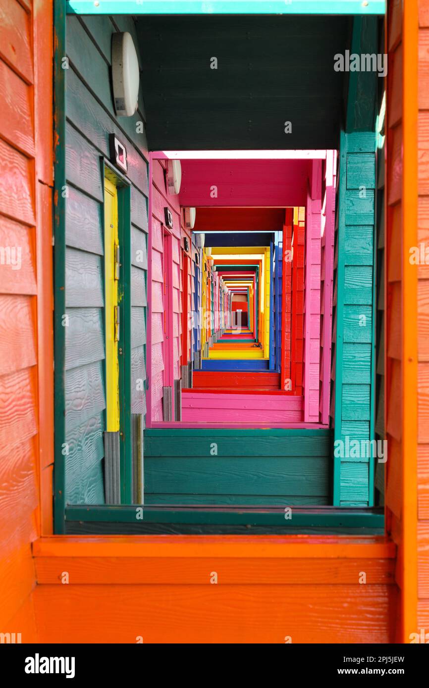 Colourful Beach Huts, SaltburnbytheSea, North Yorkshire, UK Stock