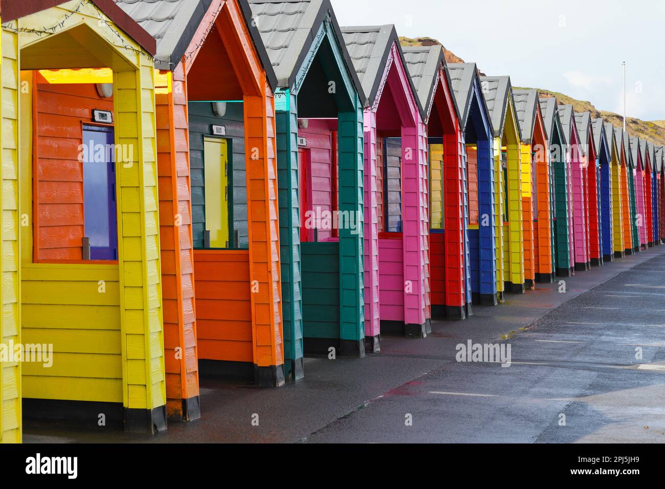 Colourful Beach Huts, SaltburnbytheSea, North Yorkshire, UK Stock