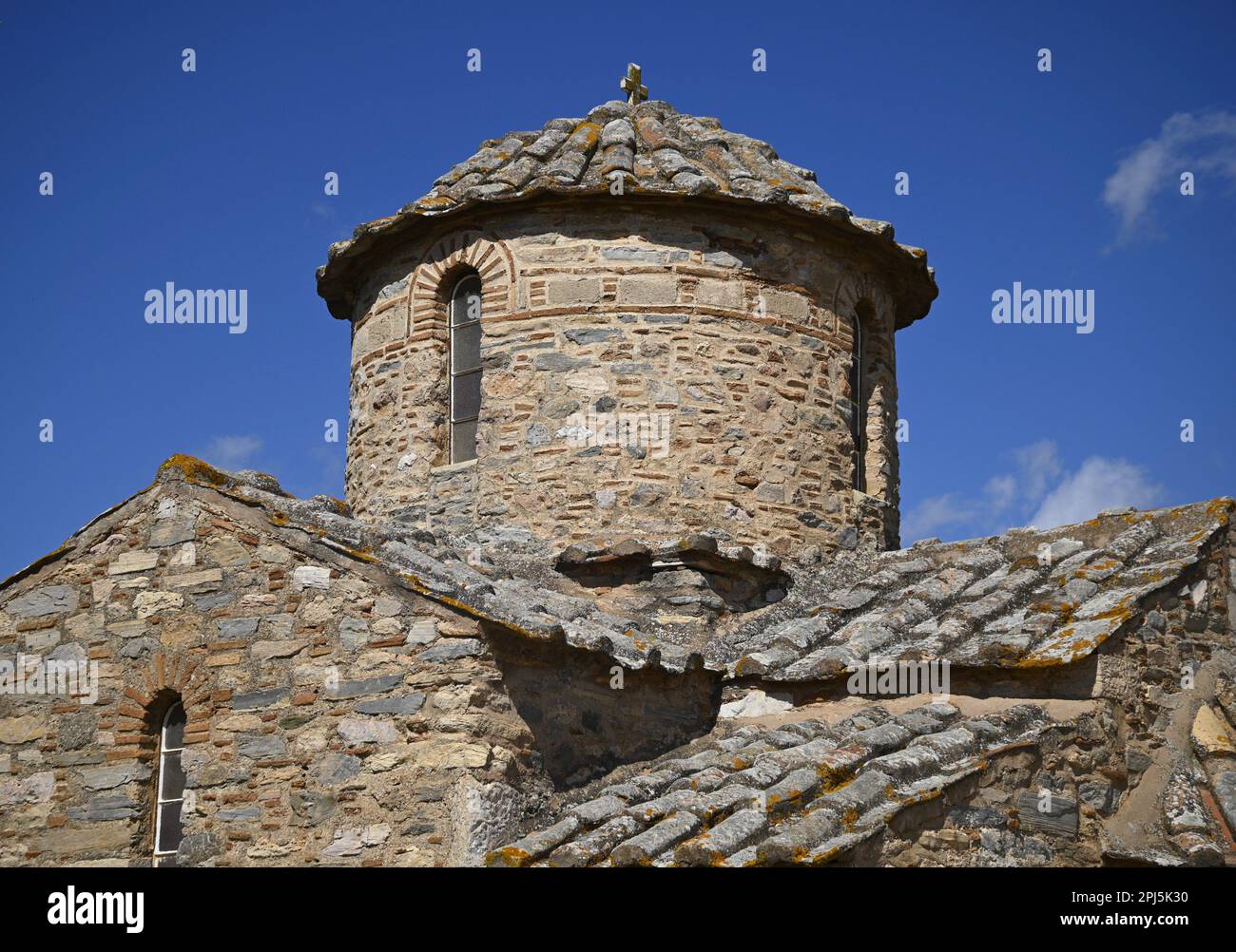 Landscape With Scenic Dome View Of Aghios Petros A 12th Century Rectangular Cruciform Byzantine Church In Kalyvia Thorikou Attica Greece 2PJ5K30 