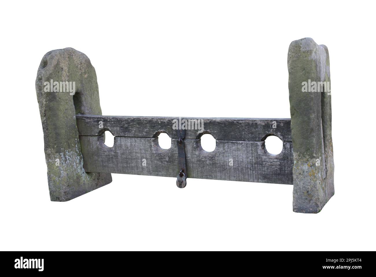 A Set of Stone and Wooden Medieval Stocks. Stock Photo