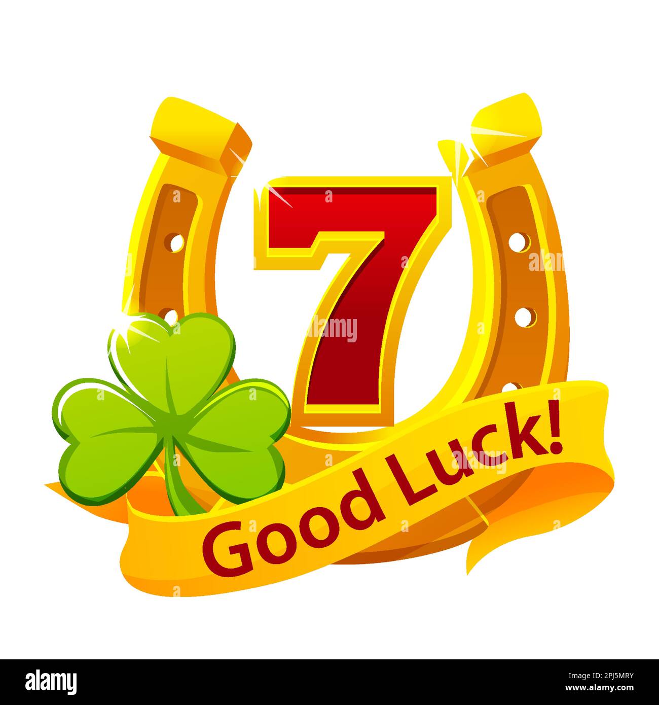 Clover, Golden Horseshoe and 7. Good luck symbol text on award ribbon
