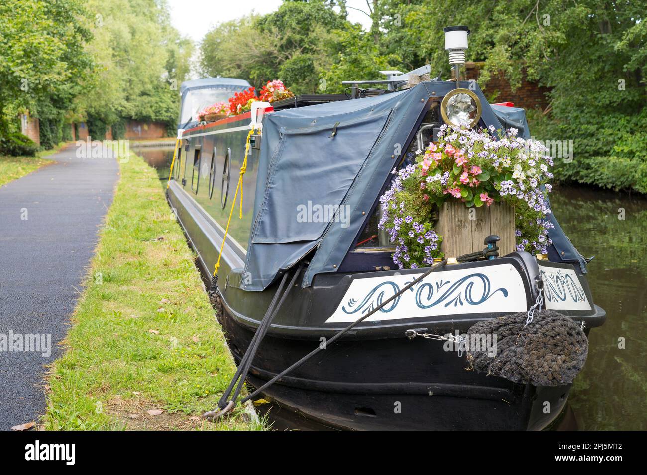 Narrowboat at mooring on UK canal Stock Photo Alamy