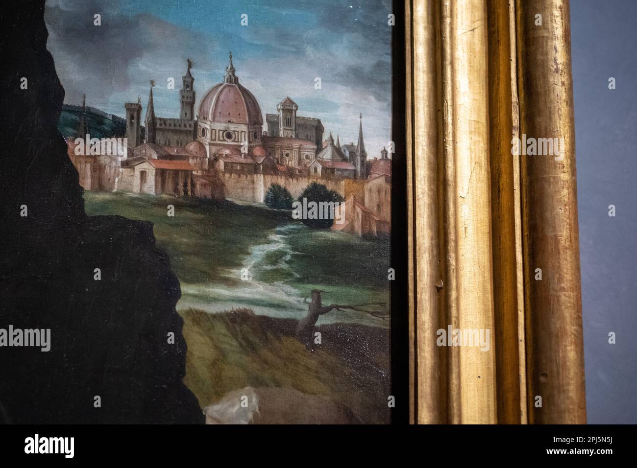 Detail of Renaissance Florence in the background of the Portrait of ...