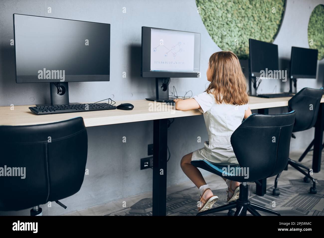 Engaged schoolgirl learning to use technology in classroom at primary ...