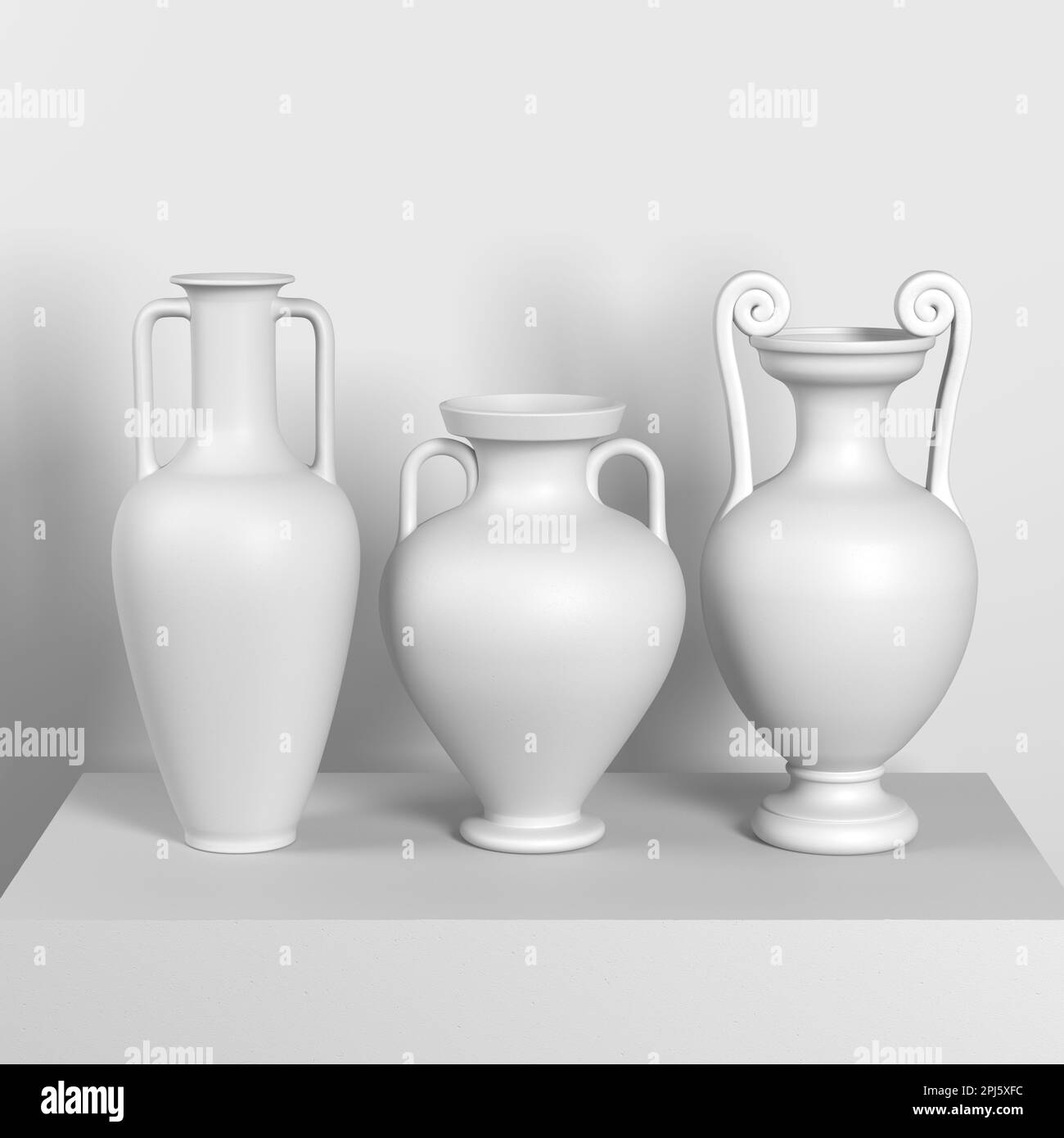 Three ancient Greek white vases without drawings or ornaments stand on a pedestal on a white