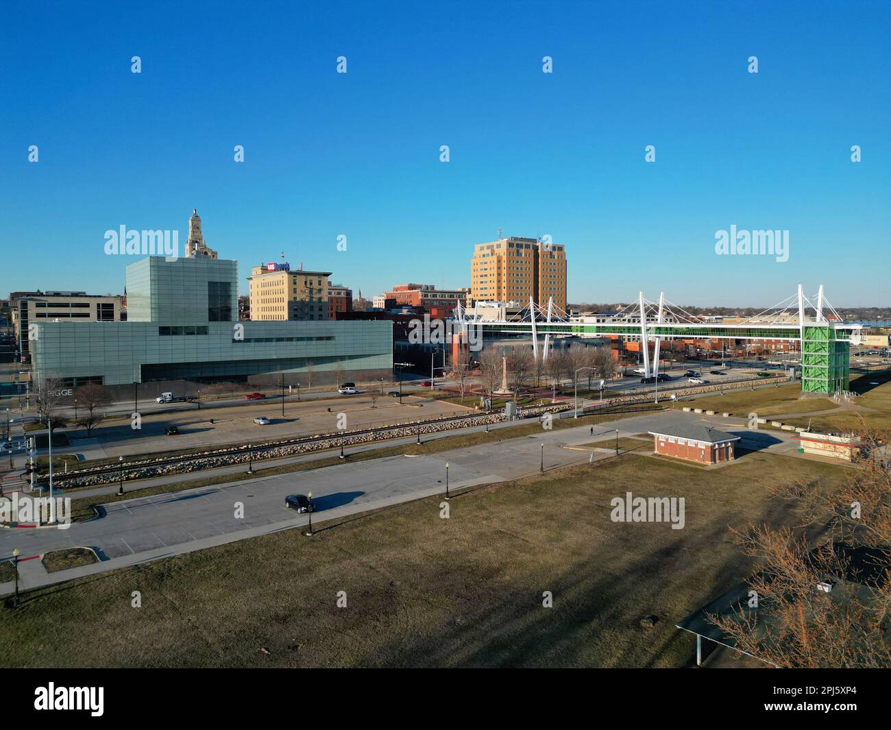 An aerial view of Downtown Davenport including Figge Art Museum and