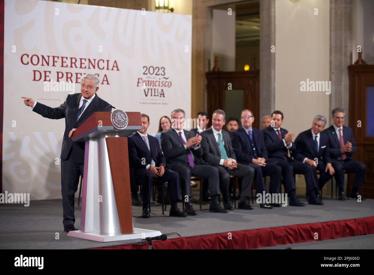 Mexico City, Mexico. 30th Mar, 2023. March 30, 2023, Mexico City, Mexico: Mexican President Andres Manuel LOpez Obrador speaks during the briefing conference, accompanied by Francisco Casanova Pérez, incoming president of the Communication Council and José Carlos Azcarraga Andrade, outgoing president of the Communication Council where the change of presidency of the Communication Council takes place at National Palace. on March 30, 2023 in Mexico City, Mexico. (Photo by Julian Lopez/ Eyepix Group/Sipa USA) Credit: Sipa USA/Alamy Live News Stock Photo