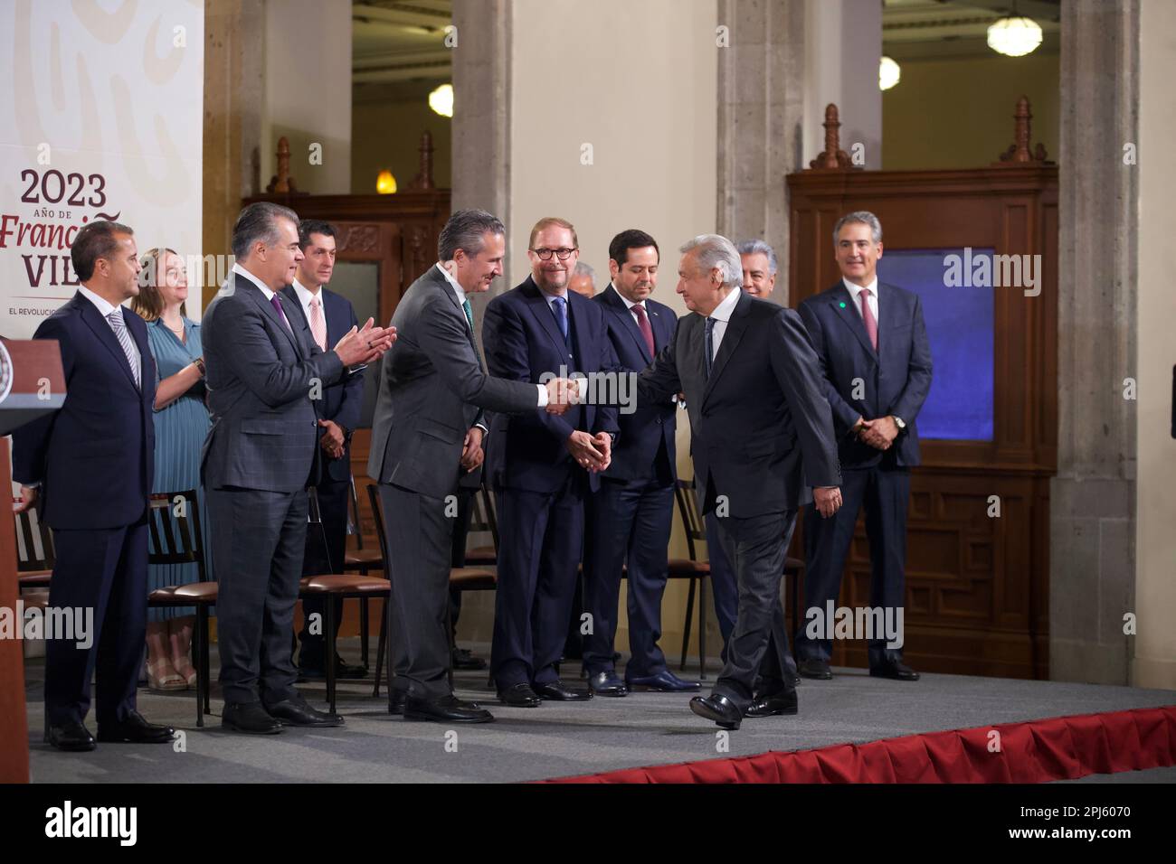 Mexico City, Mexico. 30th Mar, 2023. March 30, 2023, Mexico City, Mexico: Mexican President Andres Manuel LOpez Obrador, accompanied by Francisco Casanova Pérez, incoming president of the Communication Council and José Carlos Azcarraga Andrade, outgoing president of the Communication Council where the change of presidency of the Communication Council takes place at National Palace. on March 30, 2023 in Mexico City, Mexico. (Photo by Julian Lopez/ Eyepix Group/Sipa USA) Credit: Sipa USA/Alamy Live News Stock Photo