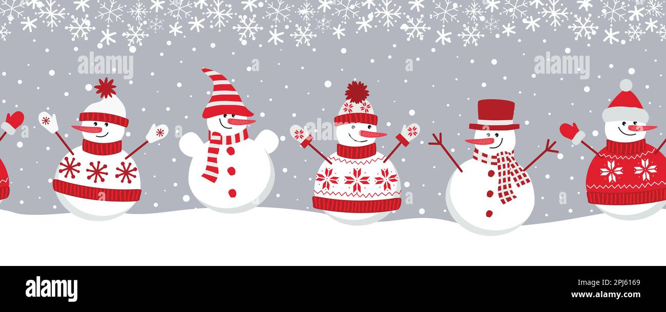 snowmen rejoice in winter holidays. Seamless border. Christmas background. Five different snowmen in red winter clothes under the snow. template for a Stock Vector
