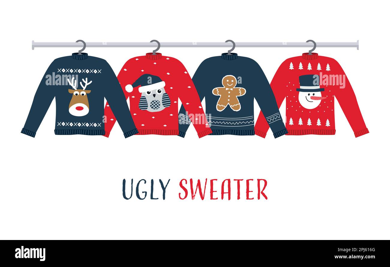 Ugly Sweaters on hangers. There are red and blue Christmas sweaters with deer, snowman, owl, gingerbread man in the picture. Vector illustration Stock Vector