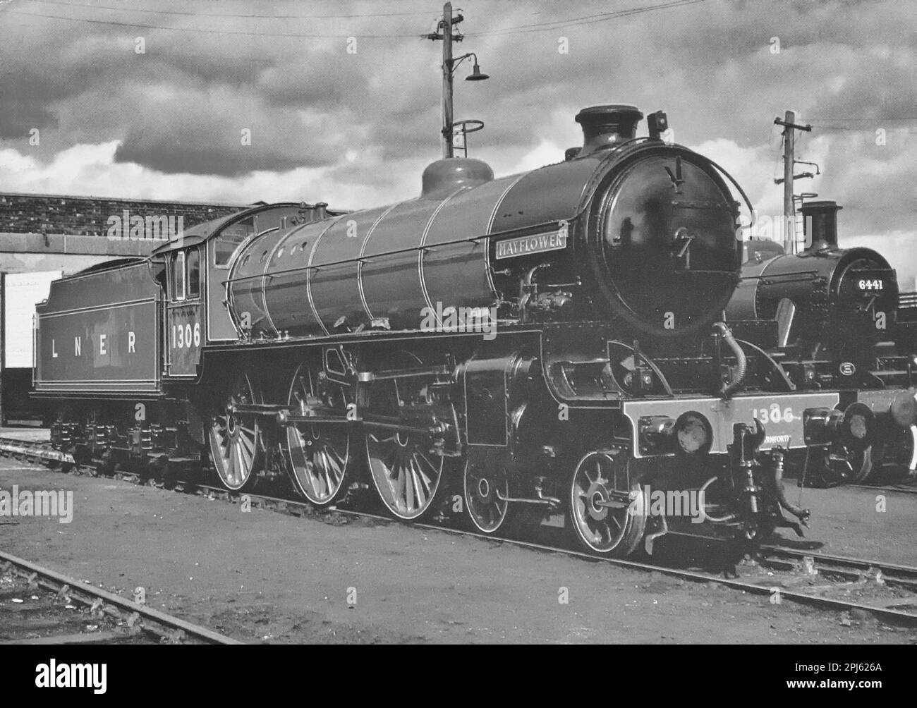 The London North Eastern Railways Class B1, 4-6-0 #1306 Mayflower steam train so named due to its association with the Pilgrim Fathers Stock Photo